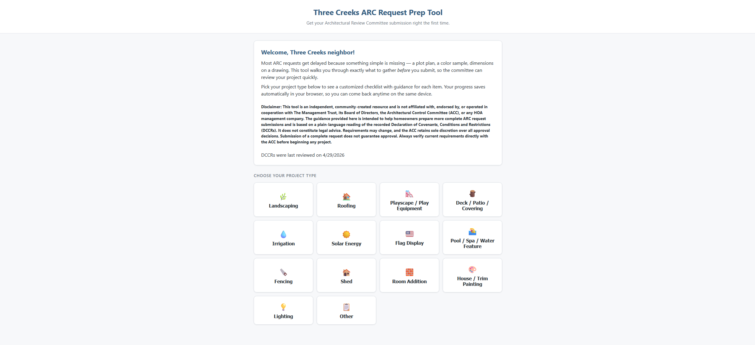 Three Creeks HOA ARC Request Guide — interactive HOA approval tool built by BDerrick Web Design