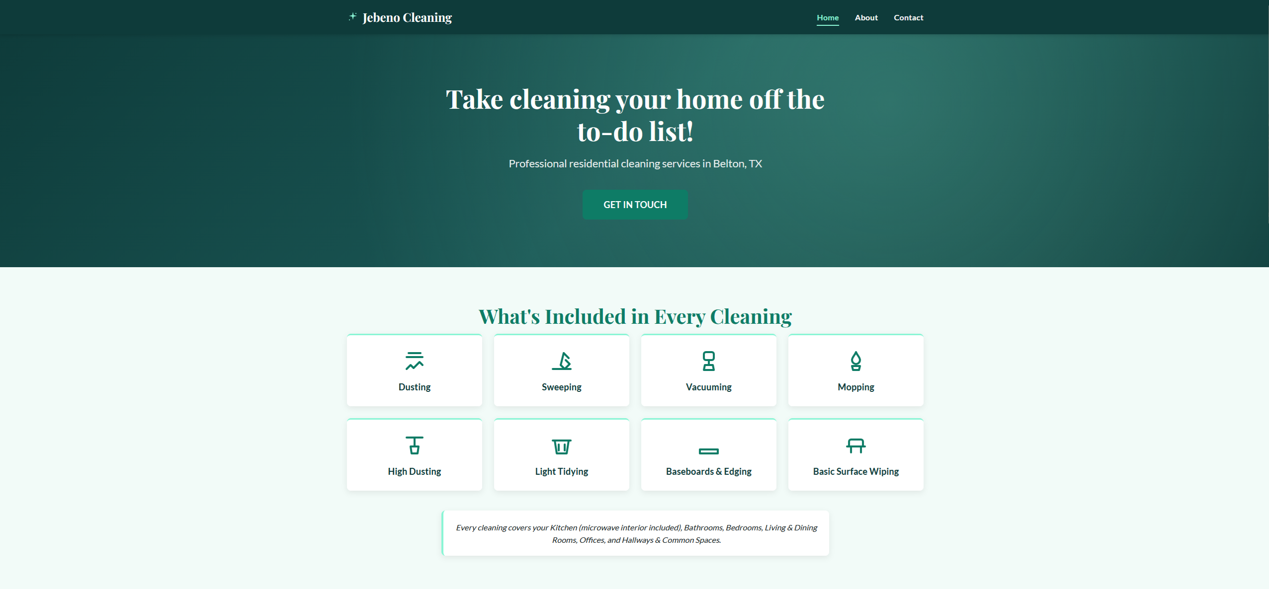 Homepage of Jebeno Cleaning website built by BDerrick Web Design